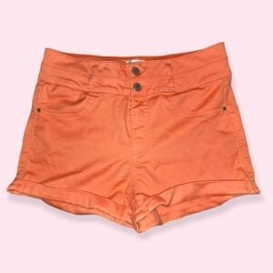 Y2K High Rise Double Button Shorts Size 8 | Bright Coral Colorful Cuffed Hem